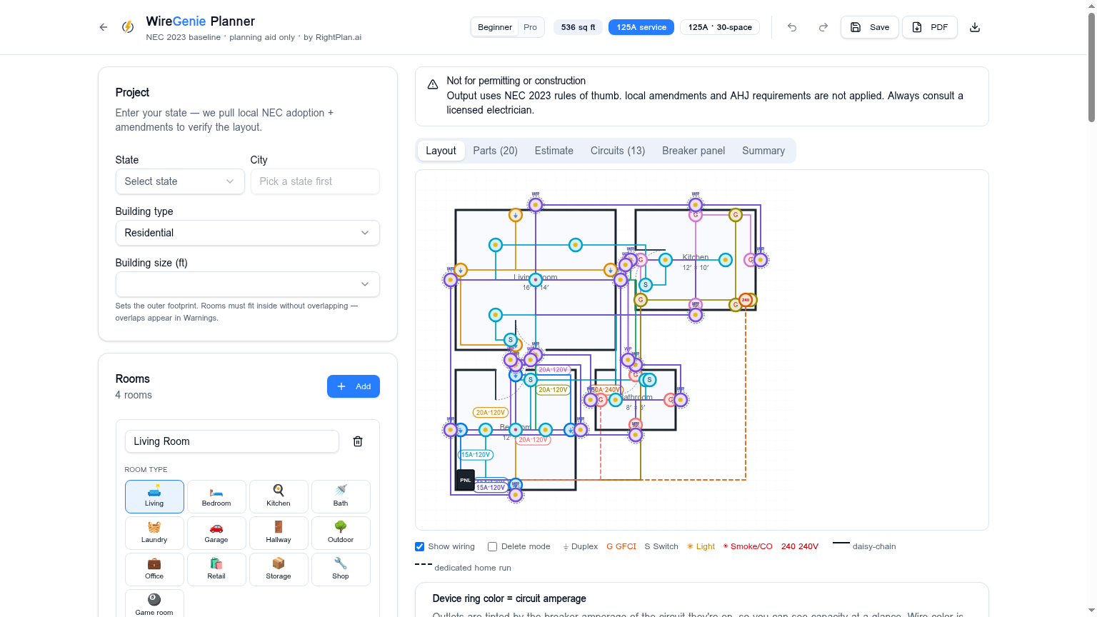 WireGenie planner showing a residential floor plan with auto-placed outlets, GFCI receptacles, switches, lights and color-coded NEC circuits